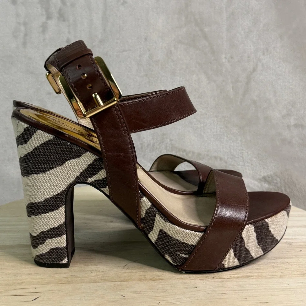 Michael Michael Kors Zebra Print Platform Sandals Brown Leather AB11K Size 8.5M